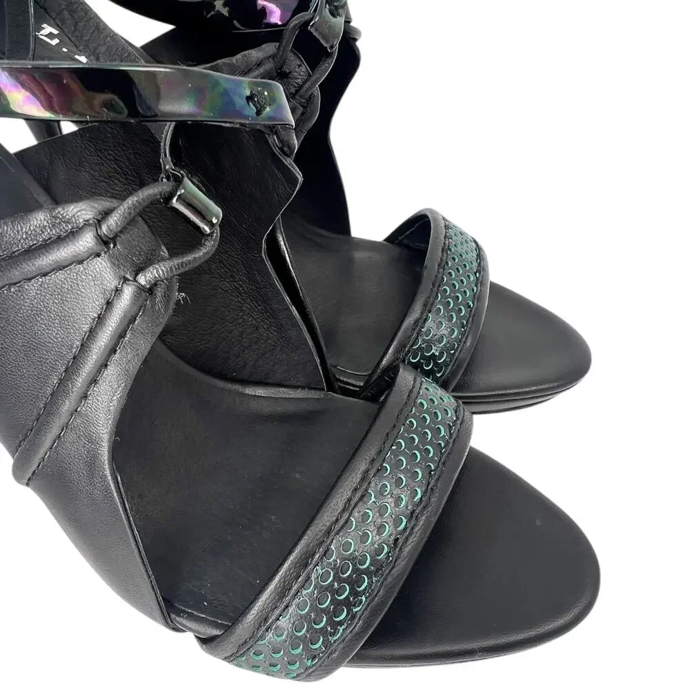 L.A.M.B. Gwen Stefani Black Leather Strappy Heels Iridescent Strap Stiletto 6.5